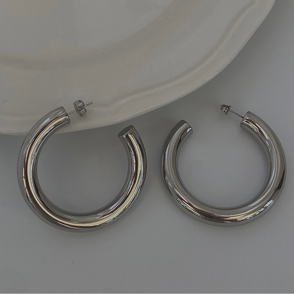 Chunky Silver Hoop Earrings - Picture 2 of 4